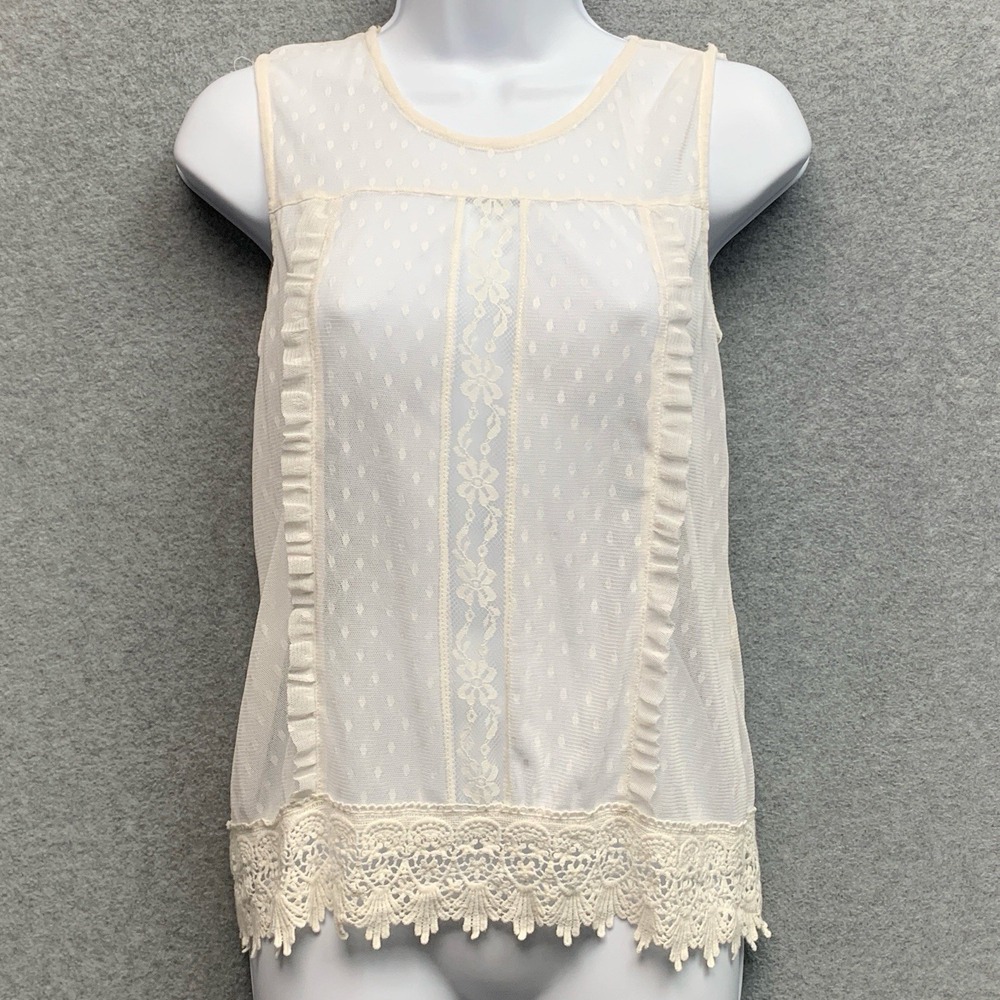 Sheer Mesh Sleeveless Top Small Cream Fairy Regency Romantic Ruffle Lace Dainty‎